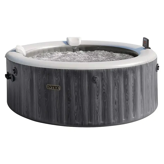 Intex Pure Spa Hidromasaje móvil Greenwood - Ø x Al: 216 x 71 cm, Gris/Blanco, 1.098 l - Jacuzzi hinchable Intex con exterior gris de imitación madera y borde blanco, con agua burbujeante.