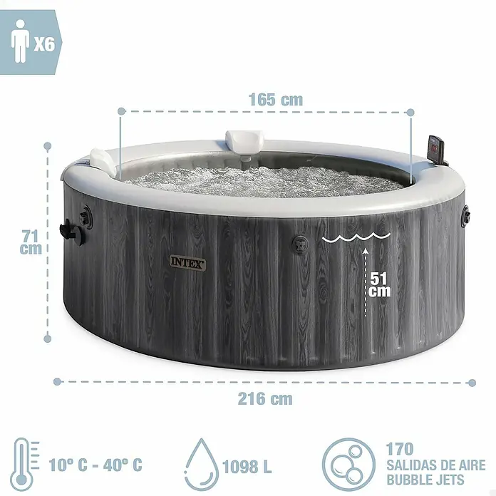 Intex Mobil-Whirlpool Greywood Deluxe Bubble - Ø x H: 216 x 71 cm, Grau, 1.098 l - Dunkelgrauer aufblasbarer Whirlpool in Holzoptik mit hellgrauem Rand, zeigt Maße für 6 Personen, 1098L Fassungsvermögen und Sprudeldüsen.