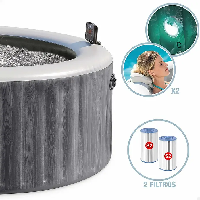 Intex Pure Spa Hidromasaje móvil Greenwood - Ø x Al: 216 x 71 cm, Gris/Blanco, 1.098 l - Jacuzzi inflable gris con efecto madera, panel de control, luz de spa, dos reposacabezas y dos cartuchos de filtro.