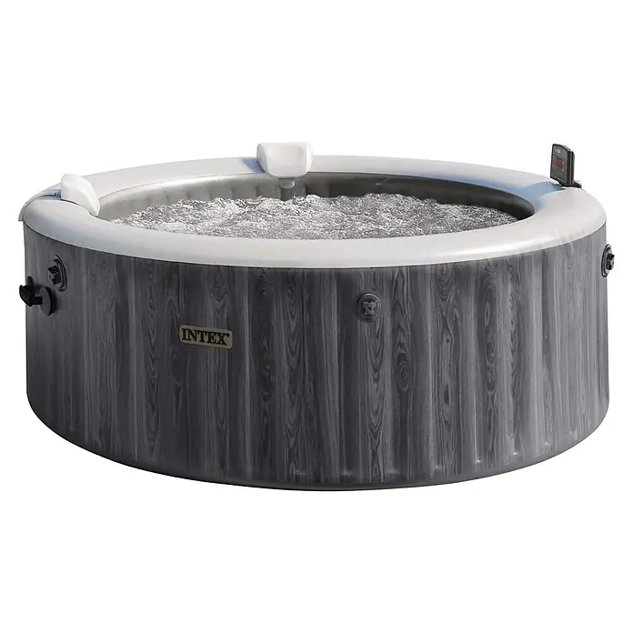 Intex Pure Spa Mobil-Whirlpool Greywood Deluxe Bubble - Ø x H: 196 x 71 cm, Grau, 795 l - Grauer, aufblasbarer Whirlpool in Holzoptik mit weißem Rand, gefüllt mit sprudelndem Wasser, bereit zur Entspannung.
