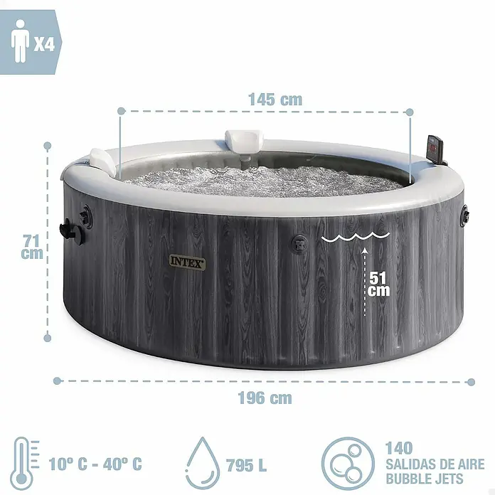 Intex Pure Spa Mobil-Whirlpool Greywood Deluxe Bubble - Ø x H: 196 x 71 cm, Grau, 795 l - Dunkles aufblasbares Whirlpool in Holzoptik für 4 Personen, mit Maßen, Fassungsvermögen, Temperaturbereich und 140 Sprudeldüsen.