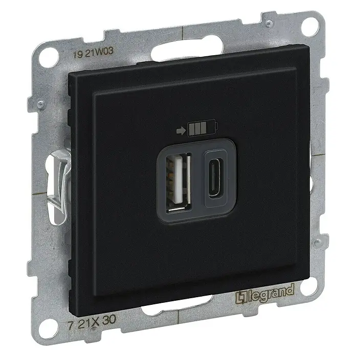 Legrand Suno Cargador USB A+C - Negro, Modelo de mecanismos: x 2 - Módulo cargador de pared USB-A y USB-C gris oscuro con marco de montaje plateado e indicador de carga.