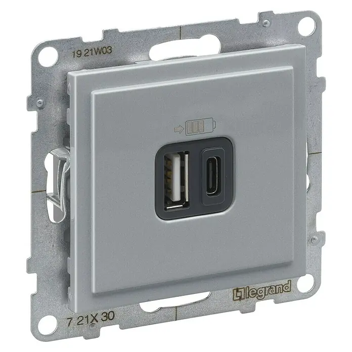 Legrand Suno Cargador USB A+C - Aluminio, Modelo de mecanismos: x 2 - Módulo de carga USB Legrand gris con puertos USB-A y USB-C en marco metálico para instalación empotrada.