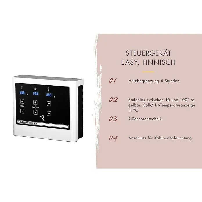 Karibu Massivholzsauna Sahib 1 - Mit 9 kW Ofen mit externer Steuerung, Mit Dachkranz und Beleuchtung, L x B x H: 221 x 198 x 200 cm - Weiß-schwarzes digitales Saunasteuergerät mit Display und Tasten.