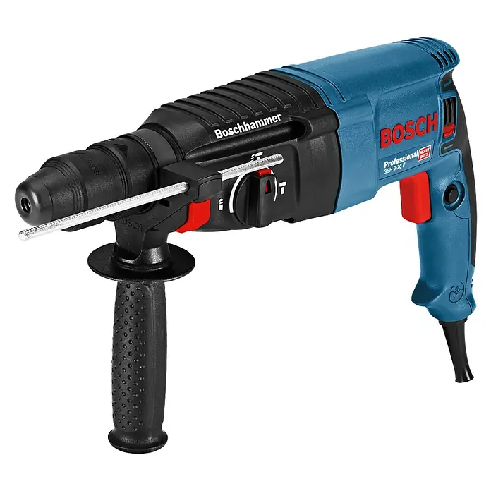 Bosch Professional Bohrhammer-Set GBH 2-26 F - 2,7 J - Blau-schwarzer Boschhammer Bohrhammer mit verstellbarem schwarzem Seitenhandgriff und Tiefenanschlag.
