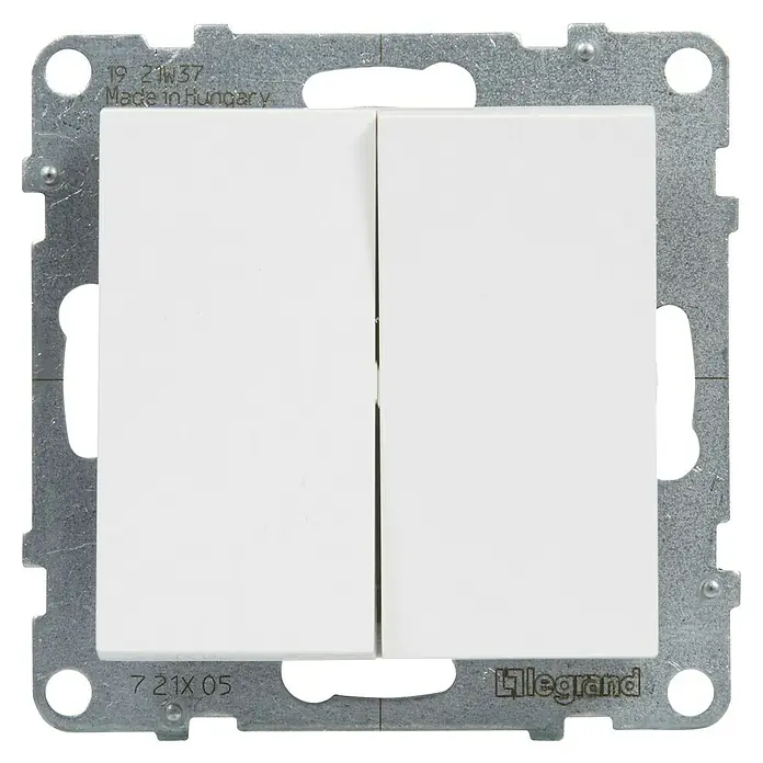 Legrand Suno Conmutador - Blanco, Montaje en la pared, Modelo de mecanismos: x 2 - Interruptor doble blanco con marco metálico plateado para instalaciones eléctricas.