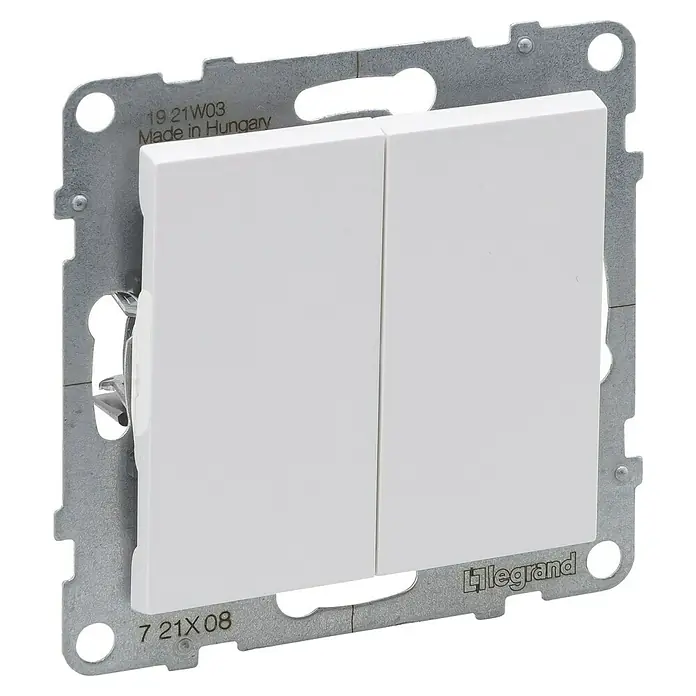 Legrand Suno Conmutador - Blanco, Montaje en la pared, Modelo de mecanismos: x 2 - Interruptor de luz doble Legrand blanco con marco de montaje metálico.