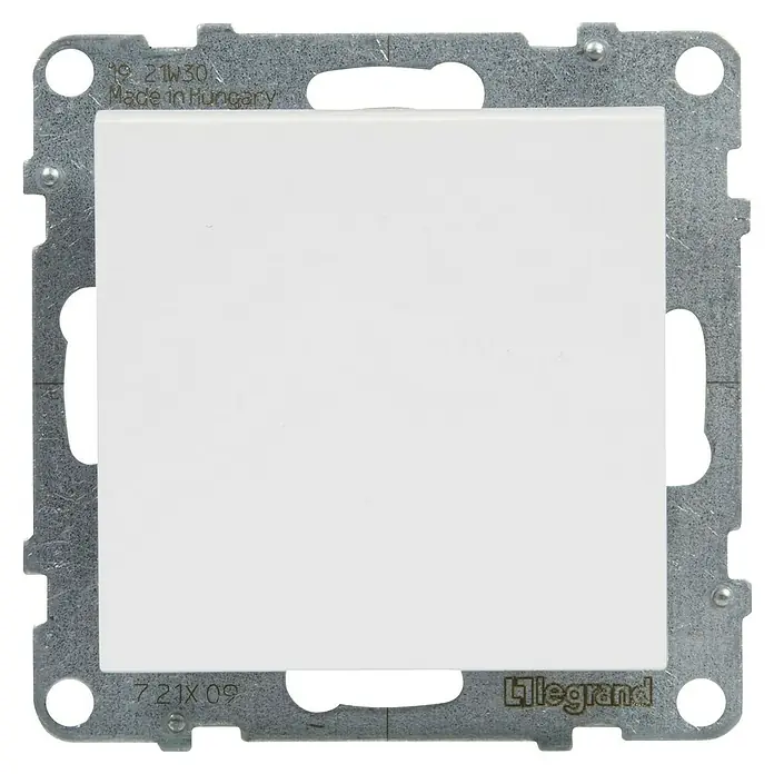 Legrand Suno Pulsador - Blanco, Montaje en la pared - Módulo de interruptor eléctrico blanco con marco de montaje de metal gris.