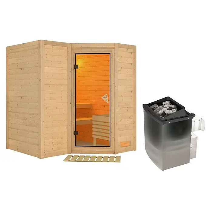 Karibu Massivholzsauna Sahib 1 - Mit 9 kW Ofen mit integrierter Steuerung, Mit Dachkranz & Beleuchtung, L x B x H: 193 x 184 x 200 cm - Helle Holz-Ecksaunakabine mit Glastür und separatem dunklen Metall-Saunaofen mit Steinen.