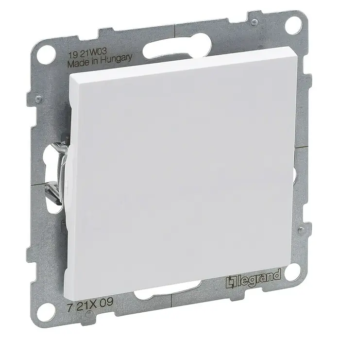 Legrand Suno Pulsador - Blanco, Montaje en la pared - Interruptor de luz eléctrico blanco con marco metálico de montaje, marca Legrand, hecho en Hungría.