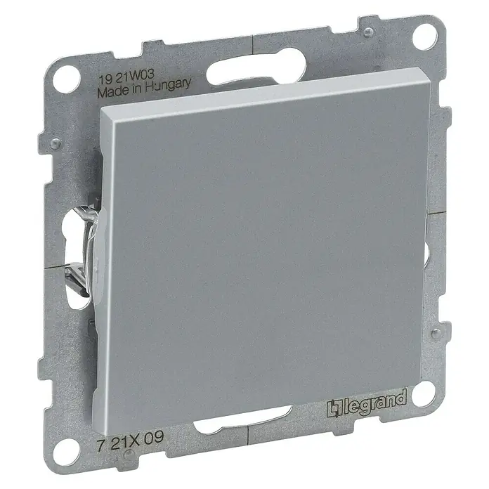 Legrand Suno Pulsador - Aluminio, Montaje en la pared - Mecanismo de interruptor eléctrico gris plateado sobre marco metálico, listo para instalar.