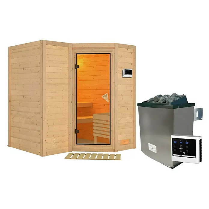 Karibu Massivholzsauna Sahib 1 - Mit 9 kW Ofen mit externer Steuerung, Mit Dachkranz & Beleuchtung, L x B x H: 193 x 184 x 200 cm - Hölzerne Saunakabine mit Glastür und externem Bedienfeld, begleitet von einem separaten silbernen Saunaofen mit Steinen und eigener Steuerung.