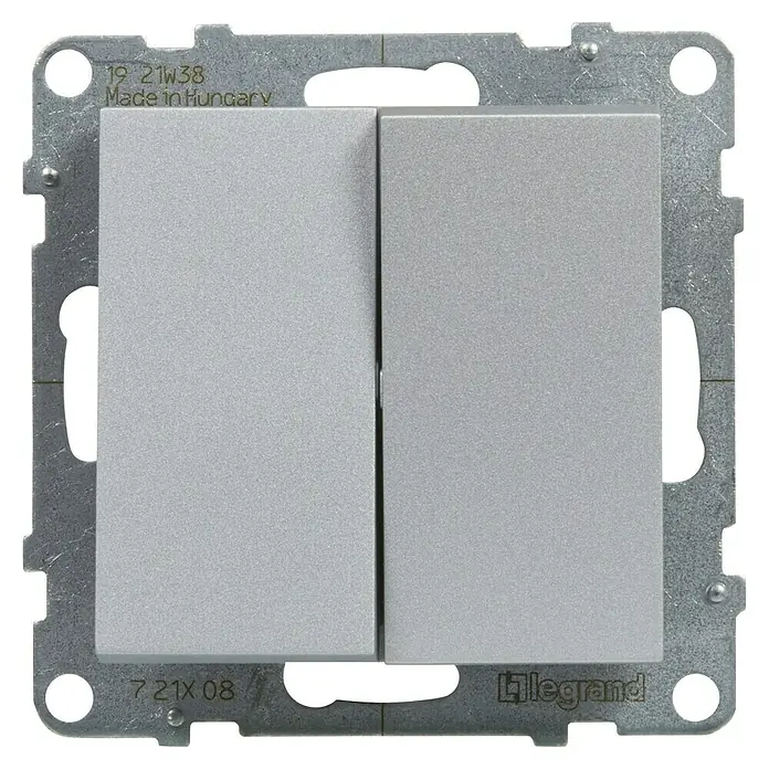 Legrand Suno Conmutador - Aluminio, Montaje en la pared, Modelo de mecanismos: x 2 - Interruptor de luz doble gris claro con marco de montaje metálico.