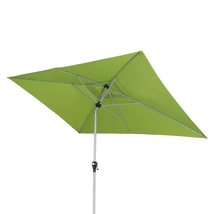 Doppler Active Marktschirm Auto Tilt - Fresh Green, Bespannungsmaß (L x B): 300 x 200 cm - Ein grüner rechteckiger Sonnenschirm mit silberfarbenem Gestell sorgt für Schatten und Schutz vor der Sonne im Freien.
