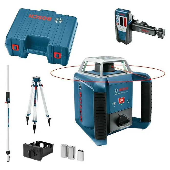 Bosch Professional Rotationslaser GRL 400 H PRO SET - Max. Arbeitsbereich: 20 m, 9 -tlg., Mit Batterien - Blaues Bosch GRL 400 H Professional Rotationslaser-Kit mit Empfänger, Stativ, Nivellierlatte, Koffer und Zubehör.