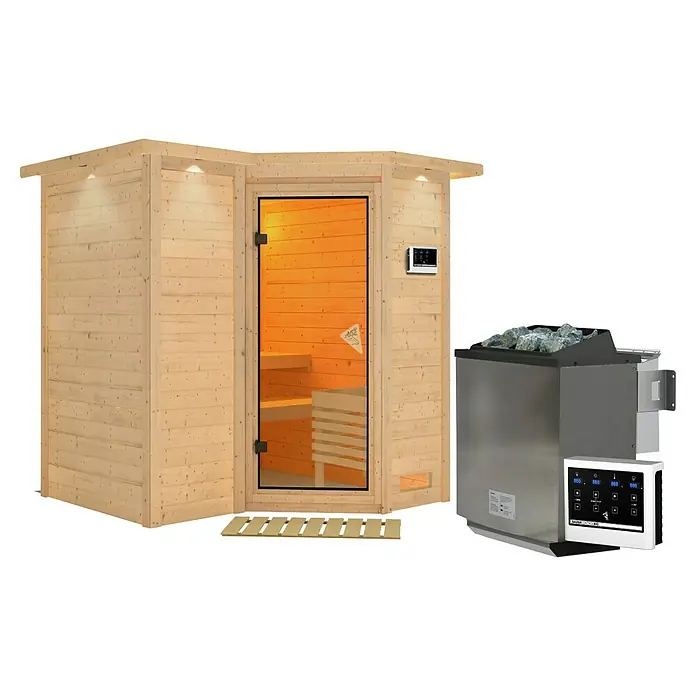 Karibu Massivholzsauna Sahib 1 - Mit 9 kW Bio-Ofen mit externer Steuerung, Mit Dachkranz und Beleuchtung, L x B x H: 221 x 198 x 200 cm - Eine helle Holzsaunakabine mit Glastür, externem Bedienfeld und separatem Edelstahl-Saunaofen mit eigener Steuerung.