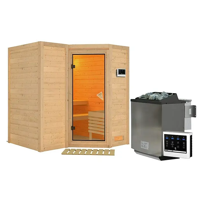 Karibu Massivholzsauna Sahib 1 - Mit 9 kW Bio-Ofen mit externer Steuerung, Mit Dachkranz & Beleuchtung, L x B x H: 193 x 184 x 200 cm - Ecksaunakabine aus Holz mit Glastür, Bedienfeld und separatem Metall-Saunaofen mit Steinen.