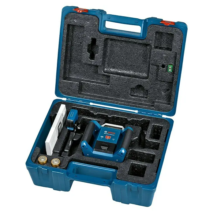 Bosch Professional Rotationslaser GRL 400 H PRO SET - Max. Arbeitsbereich: 20 m, 9 -tlg., Mit Batterien - Blauer Bosch GRL 400 H Professional Rotationslaser-Kit im offenen Hartschalenkoffer mit Schaumstoffeinlagen, Empfänger, Anleitung, Batterien.