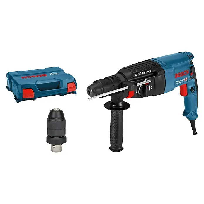 Bosch Professional Bohrhammer-Set GBH 2-26 F - 2,7 J - Blauer und schwarzer Bosch Bohrhammer mit Wechselbohrfutter, Zusatzhandgriff, Tiefenanschlag und passendem blauen Hartschalenkoffer.