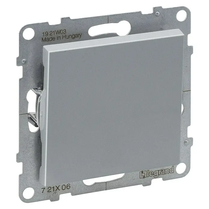 Legrand Suno Conmutador - Aluminio, Montaje en la pared, Modelo de mecanismos: x 1 - Módulo interruptor eléctrico gris claro con marco de montaje metálico.