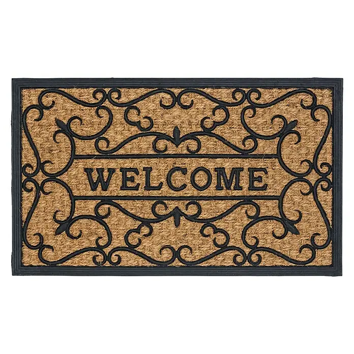 Astra Coco Fußmatte Deluxe Light - 45 x 75 cm, Braun/Schwarz, Welcome, Kokos - Eine rechteckige Fußmatte mit der Aufschrift "WELCOME" und einem dekorativen, gewundenen Muster. Die Matte hat einen schwarzen Rahmen.