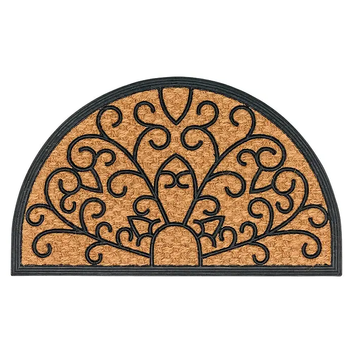 Astra Coco Fußmatte Deluxe Light - 45 x 75 cm, Braun/Schwarz, Sonne, Kokos - Halbrunde Fußmatte mit dekorativem, schwarzem Rankenmuster auf braunem Kokosfasergrund, ideal für den Eingangsbereich.