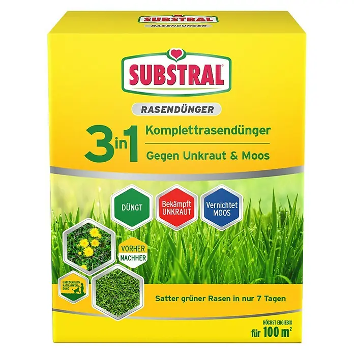 Substral Rasendünger 3 in 1 - 3,6 kg, Max. Anwendungsfläche: 100 m² - Das Bild zeigt eine Packung Substral 3-in-1 Rasendünger, der gegen Unkraut und Moos wirkt und für einen sattgrünen Rasen sorgt.