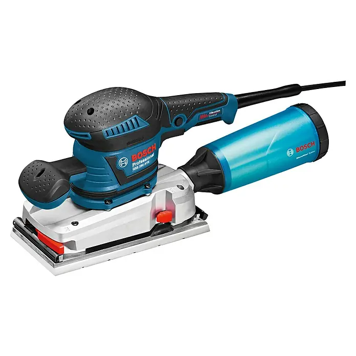 Bosch Professional Elektro-Schwingschleifer GSS 280 AVE - 350 W, 16.000 U/min - 22.000 U/min, Ohne L-Boxx - Professioneller blau-schwarzer Bosch Schwingschleifer mit silbernem Fuß und transparent blauem Staubfangsystem.