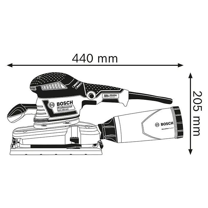 Bosch Professional Elektro-Schwingschleifer GSS 280 AVE - 350 W, 16.000 U/min - 22.000 U/min, Ohne L-Boxx - Bosch GSS 280 AVE Schwingschleifer, schwarz-weiß, mit Staubfangbeutel. Maße: 440 mm lang, 205 mm hoch.
