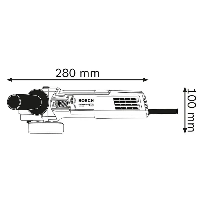 Bosch Professional Elektro-Winkelschleifer WS 880 - 900 W, Durchmesser Scheibe: 125 mm, Leerlaufdrehzahl: 11.000 U/min - Bosch GWS 880 Professional Winkelschleifer, 280mm lang, 100mm hoch. Schwarz-weiße Strichzeichnung mit Produktmaßen.