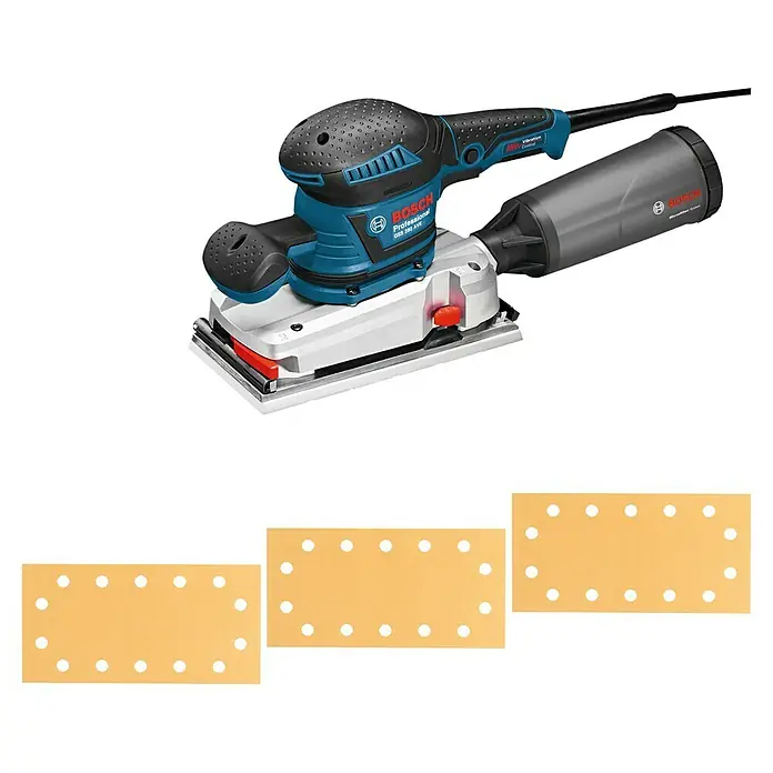 Bosch Professional Elektro-Schwingschleifer GSS 280 AVE - 350 W, 16.000 U/min - 22.000 U/min, Ohne L-Boxx - Blauer und schwarzer Bosch Rechteckschleifer mit grauem Staubfangbehälter, daneben drei perforierte hellbraune Schleifpapierbögen.