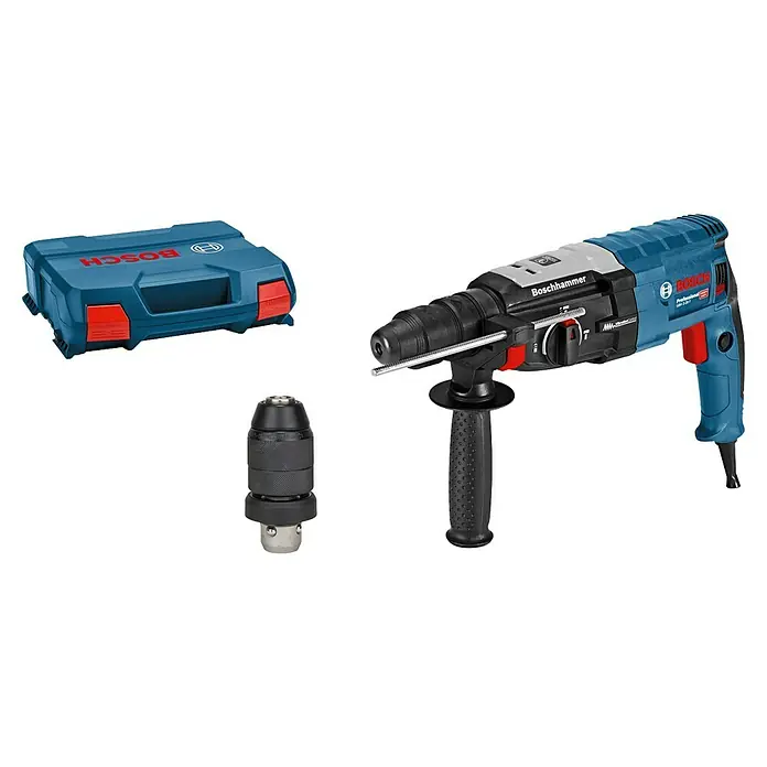 Bosch Professional Bohrhammer GBH 2-28 F - 880 W, 3,2 J, SDS-Plus-Aufnahme - Blauer und schwarzer Bosch Bohrhammer mit blauem Tragekoffer und separatem Bohrfutter.