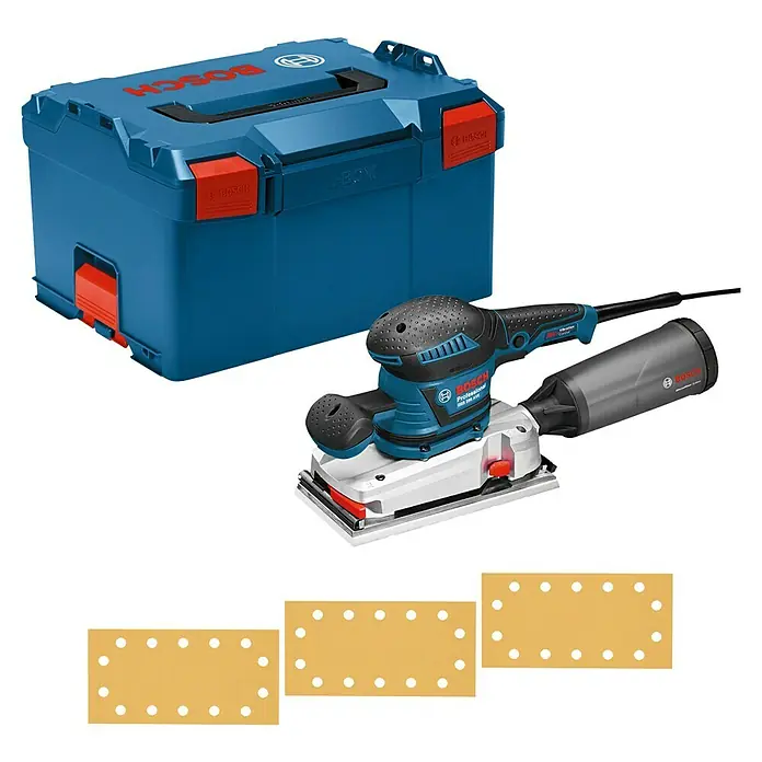 Bosch Professional Elektro-Schwingschleifer GSS 280 AVE - 350 W, 16.000 U/min - 22.000 U/min, Inkl. L-Boxx - Blaue Bosch L-Boxx Werkzeugkiste, Bosch Schwingschleifer mit Staubfangbeutel und drei rechteckige, gelochte Schleifpapierstücke.