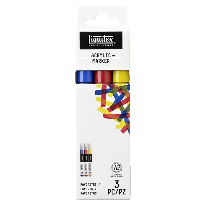 Liquitex Professional Marker-Set Paint Marker - 3 Stk., Favorites, 2 mm, Rechteckige Spitze - Eine Packung Liquitex Professional Acrylmarker, die 3 Stifte in den Farben Blau, Rot und Gelb enthält. Ideal für Künstler.