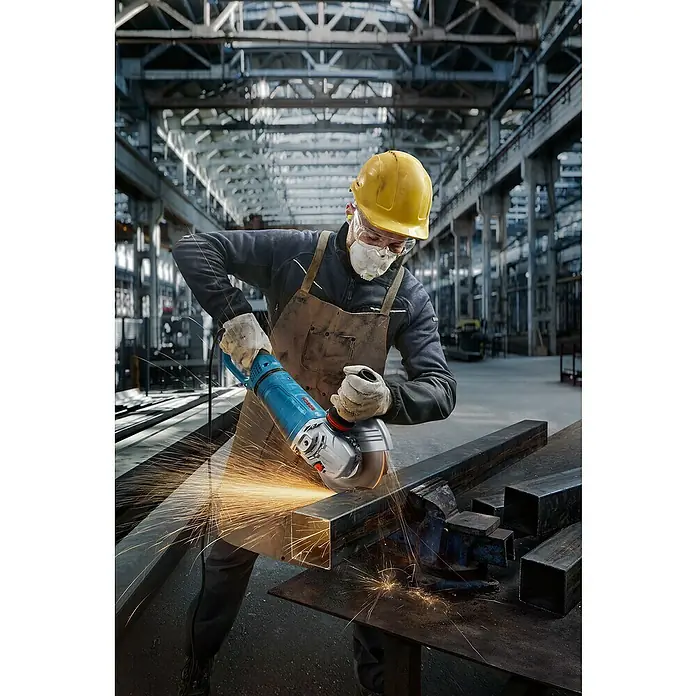 Bosch Professional Elektro-Winkelschleifer GWS 27-230 JR - 2.700 W, Durchmesser Scheibe: 230 mm, Leerlaufdrehzahl: 5.200 U/min - 6.500 U/min - Arbeiter schneidet Metall mit einem blauen und silbernen Winkelschleifer, Funken sprühen.
