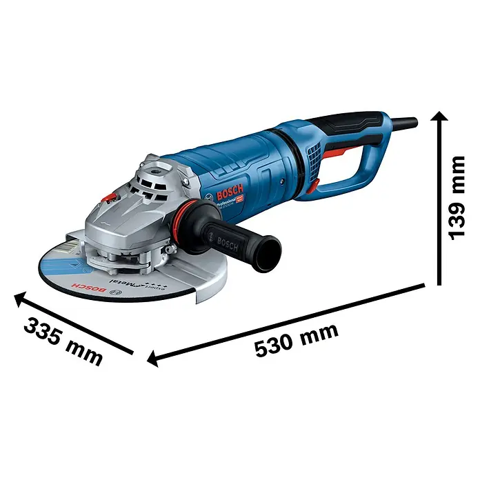 Bosch Professional Elektro-Winkelschleifer GWS 27-230 PR - 2.700 W, Durchmesser Scheibe: 230 mm, Leerlaufdrehzahl: 5.200 U/min - 6.500 U/min - Blauer und silberner Bosch Professional Winkelschleifer mit großer Trennscheibe, zeigt sein robustes Design.
