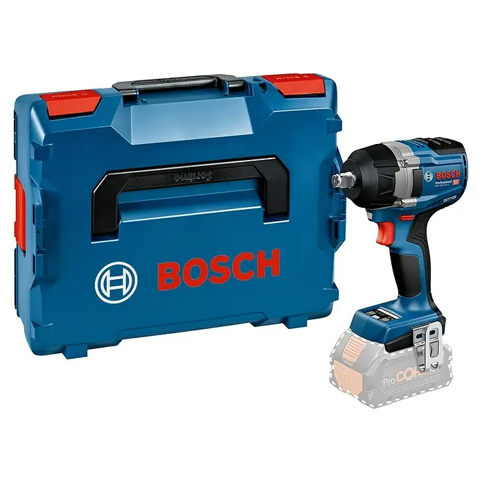 Bosch Professional AMPShare 18V Akku-Drehschlagschrauber GDS 18V-750 C - 18 V, Ohne Akku - Blaue Bosch Werkzeugkiste mit einem Akku-Schlagschrauber und Akku.