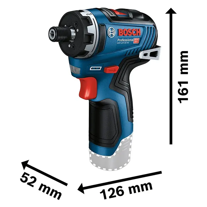 Bosch Professional AMPShare 18V Akku-Bohrschrauber-Set GSR 12V-35 HX PRO SOLO - 12 V, Ohne Akku, 35 Nm, 4 -tlg. - Blauer und schwarzer Bosch Professional GSR 12V-35 HX Akkuschrauber mit rotem Abzug.