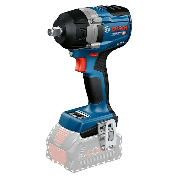 Bosch Professional AMPShare 18V Akku-Drehschlagschrauber GDS 18V-750 C - 18 V, Ohne Akku - Blauer und schwarzer Bosch Professional Akku-Schlagschrauber mit rotem Abzug und silbernem Gürtelclip.