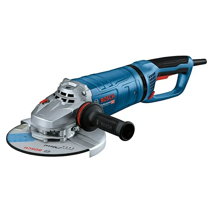 Bosch Professional Elektro-Winkelschleifer GWS 27-230 PR - 2.700 W, Durchmesser Scheibe: 230 mm, Leerlaufdrehzahl: 5.200 U/min - 6.500 U/min - Blaue und silberne Bosch Winkelschleifer mit schwarzem Zusatzgriff und Schleifscheibe.