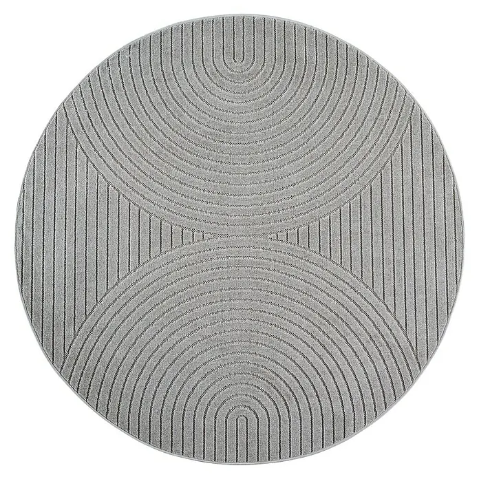 Outdoor-Teppich Nova I - Silver, Durchmesser: 80 cm, 100 % Polypropylen - Runder grauer Teppich mit geometrischem Muster aus gekrümmten und geraden Linien.