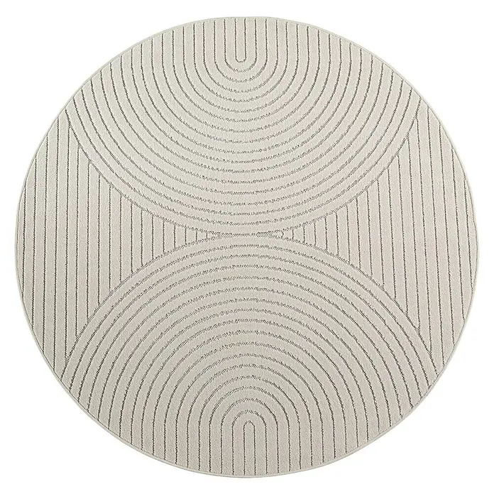 Outdoor-Teppich Nova I - Cream, Durchmesser: 80 cm, 100 % Polypropylen - Runder, cremefarbener Teppich mit abstraktem Muster aus dünnen Kurven und Geraden.