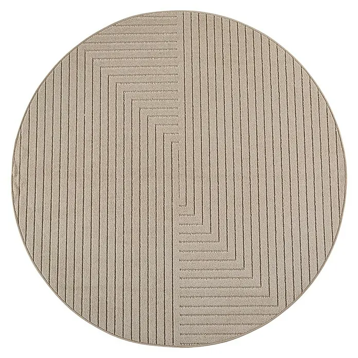 Outdoor-Teppich Nova II - Beige, Durchmesser: 80 cm, 100 % Polypropylen - Runder, hellbeiger Teppich mit dezentem geometrischem Streifen- und Labyrinthmuster.