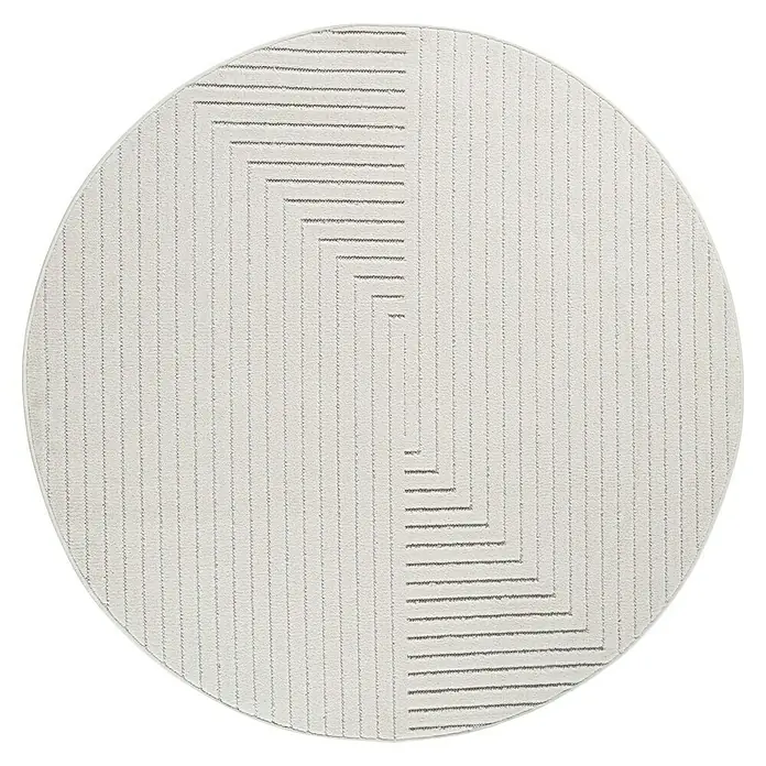 Outdoor-Teppich Nova II - Cream, Durchmesser: 80 cm, 100 % Polypropylen - Runder, cremefarbener Teppich mit modernem, geometrischem Muster aus grauen vertikalen und Zickzack-Streifen.