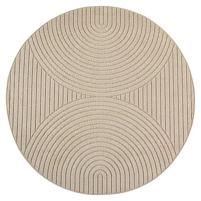 Outdoor-Teppich Nova I - Beige, Durchmesser: 80 cm, 100 % Polypropylen - Beiger runder Teppich mit geometrischem Muster aus strukturierten Linien und Bögen.