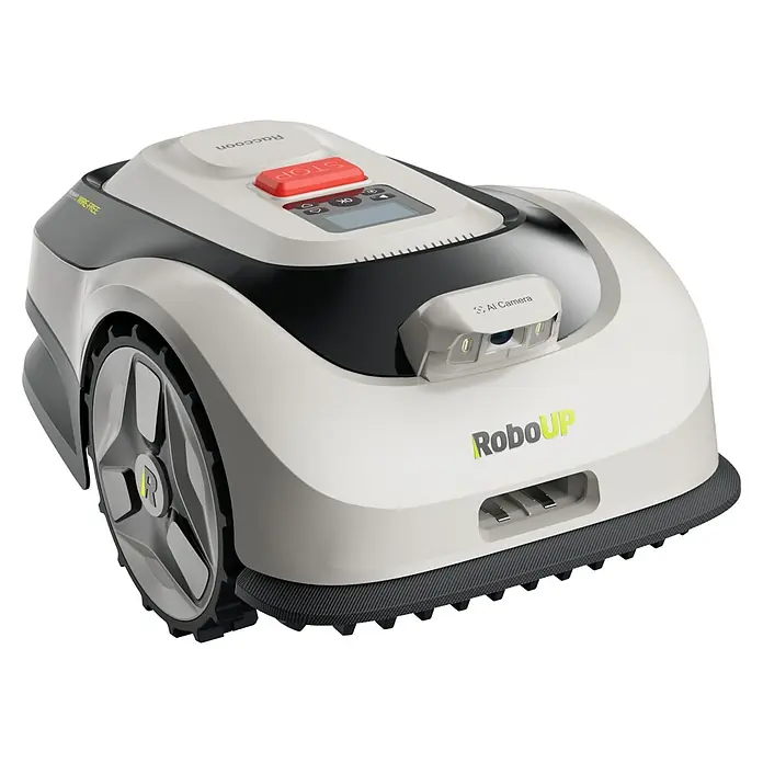 RoboUp Mähroboter Raccoon 2 SE - 600 m², Schnittbreite: 20 cm, Kamera-gestützte Navigation - Weiß-dunkelgrauer Rasenroboter mit KI-Kamera, rotem STOP-Knopf und großen Rädern mit Sternspeichen.