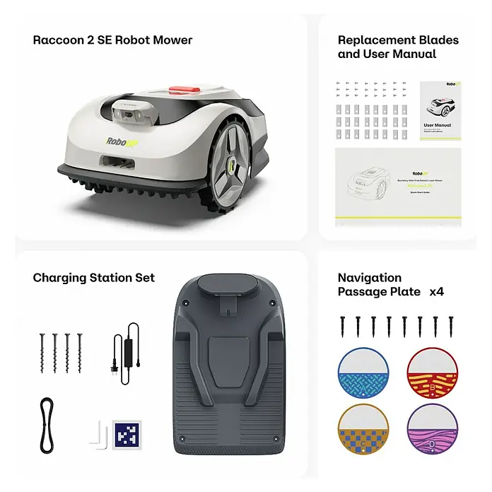 RoboUp Mähroboter Raccoon 2 SE - 600 m², Schnittbreite: 20 cm, Kamera-gestützte Navigation - Weiß-grauer Rasenmähroboter-Bausatz mit Ladestation, Ersatzklingen, Benutzerhandbüchern und Navigationsplatten.