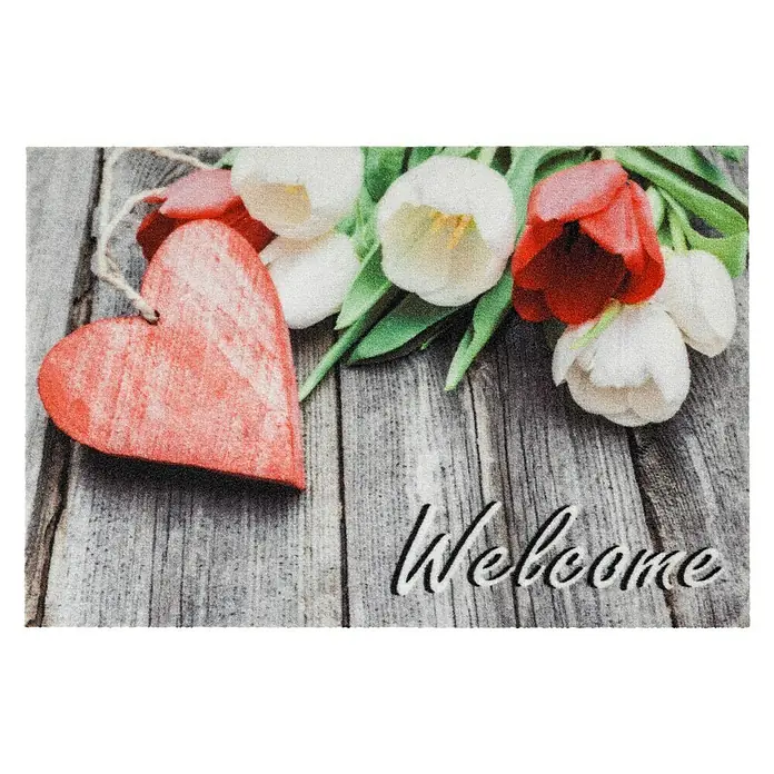 Astra Deco Fußmatte Print - Welcome, Bunt, 40 x 60 cm, 100 % Polyamid - Die Fußmatte "Willkommen" mit einem Herz und Tulpen auf Holzhintergrund begrüßt Ihre Gäste herzlich. Ein stilvolles und einladendes Accessoire für jeden Eingangsbereich.