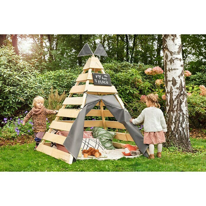 Muddy Buddy Tipi-Zelt DreamerL x B: 135 x 135 cm, Holz, Natur/Warmgrau Mood Shot