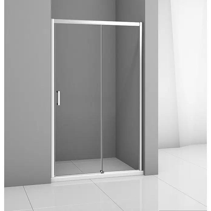 Mampara de ducha frontal Kristie - 140 x 195 cm, Espesor de vidrio: 6 mm, Cromo - Cabina de ducha con puerta corredera y marco plateado sobre fondo gris. El vidrio es transparente y la cabina parece moderna y minimalista.